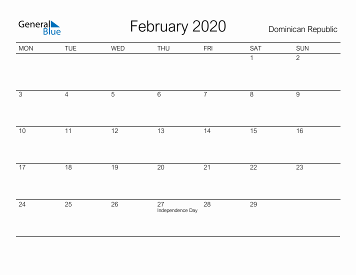 Printable February 2020 Calendar for Dominican Republic