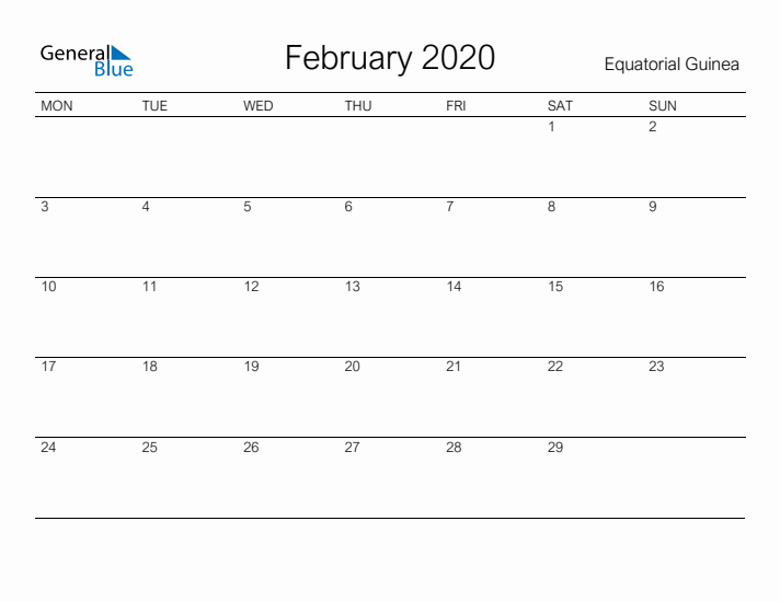 Printable February 2020 Calendar for Equatorial Guinea