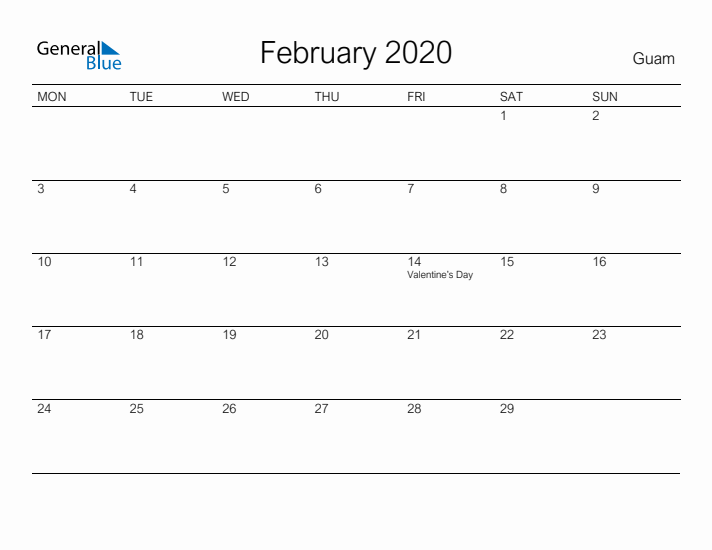 Printable February 2020 Calendar for Guam