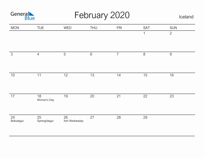 Printable February 2020 Calendar for Iceland