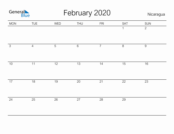 Printable February 2020 Calendar for Nicaragua