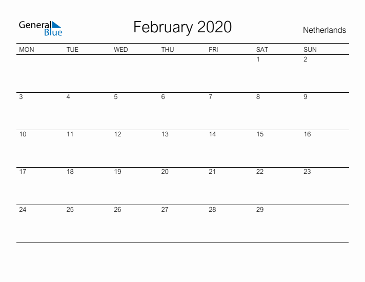 Printable February 2020 Calendar for The Netherlands