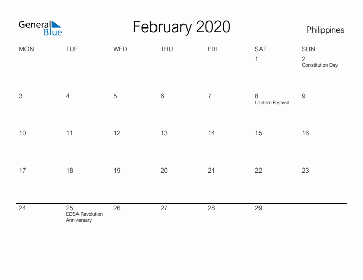 Printable February 2020 Calendar for Philippines