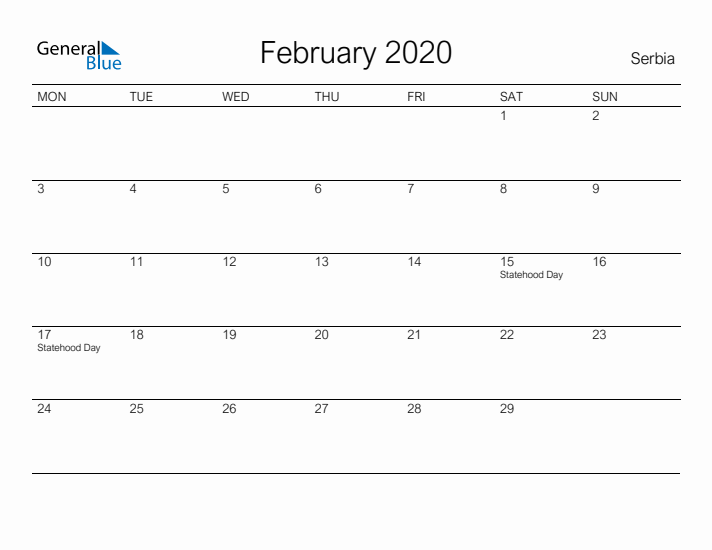 Printable February 2020 Calendar for Serbia