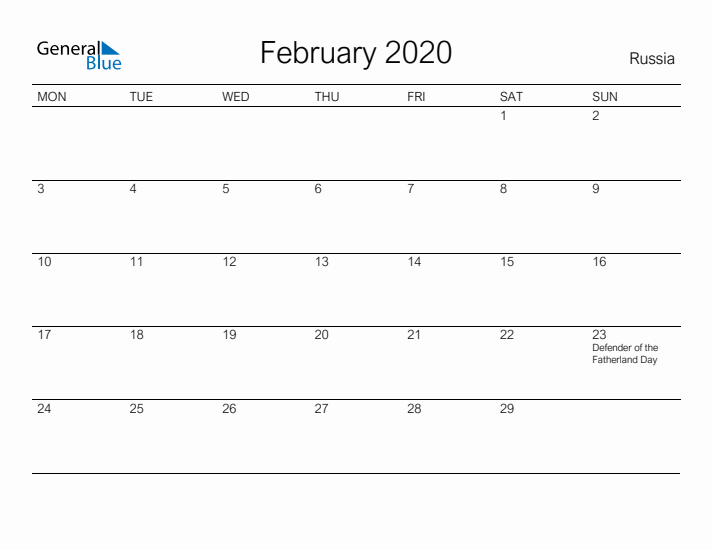 Printable February 2020 Calendar for Russia