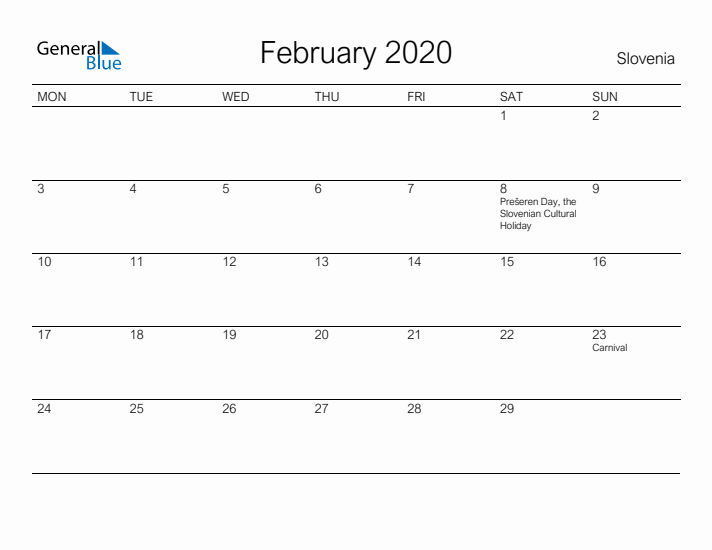 Printable February 2020 Calendar for Slovenia