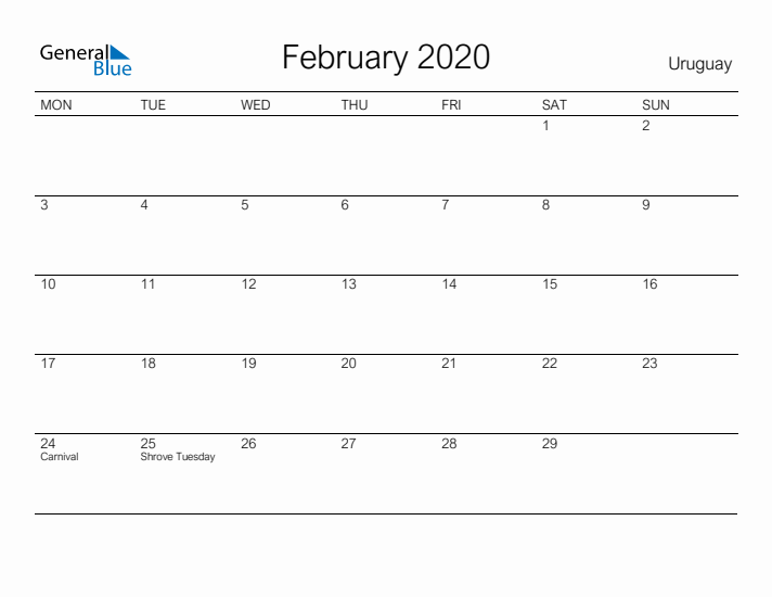 Printable February 2020 Calendar for Uruguay