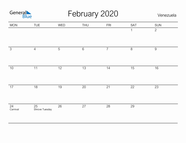 Printable February 2020 Calendar for Venezuela