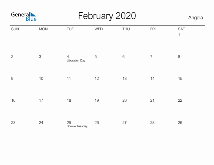 Printable February 2020 Calendar for Angola