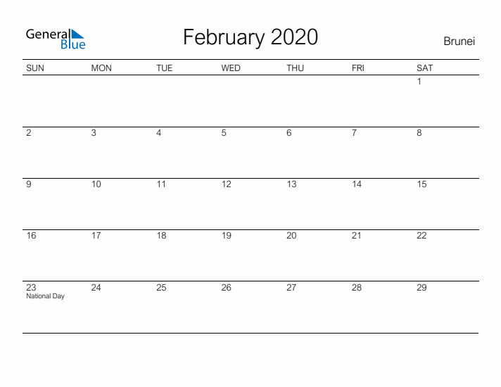 Printable February 2020 Calendar for Brunei