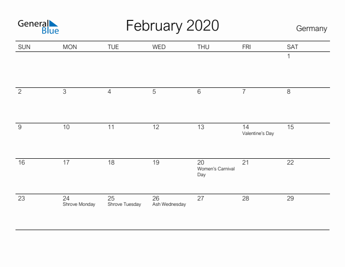 Printable February 2020 Calendar for Germany