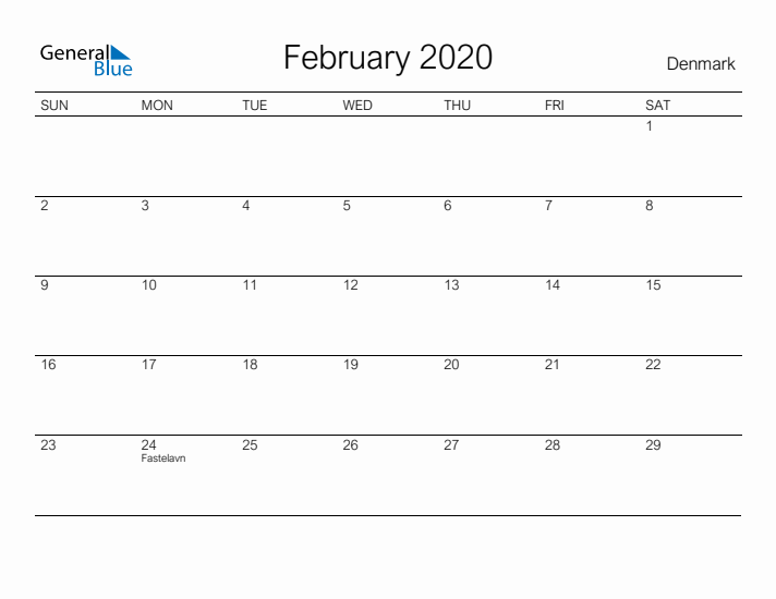 Printable February 2020 Calendar for Denmark