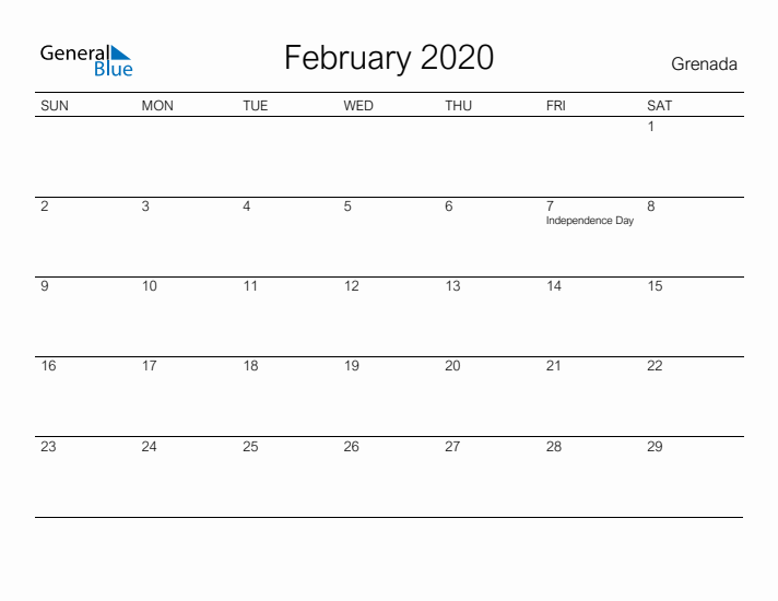 Printable February 2020 Calendar for Grenada