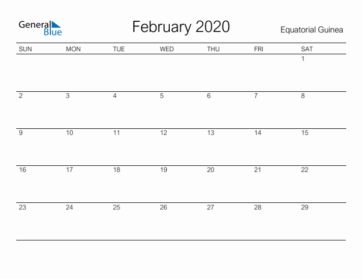 Printable February 2020 Calendar for Equatorial Guinea