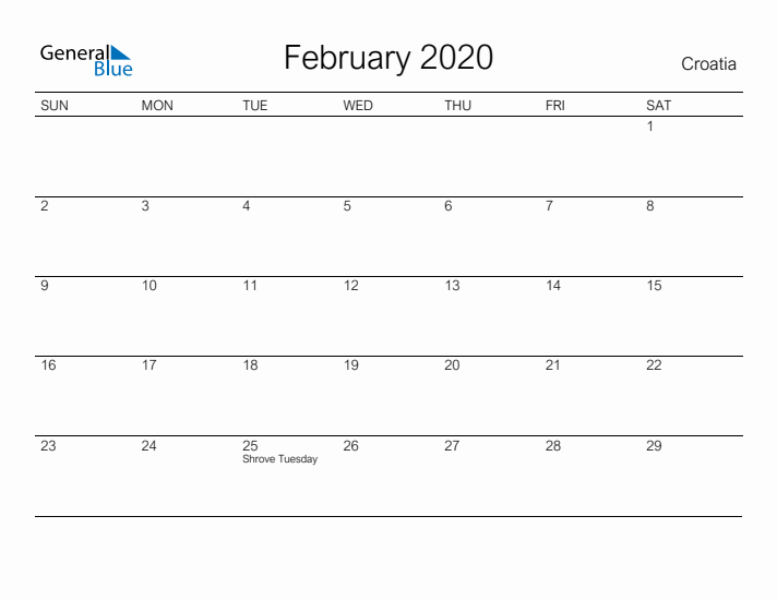 Printable February 2020 Calendar for Croatia