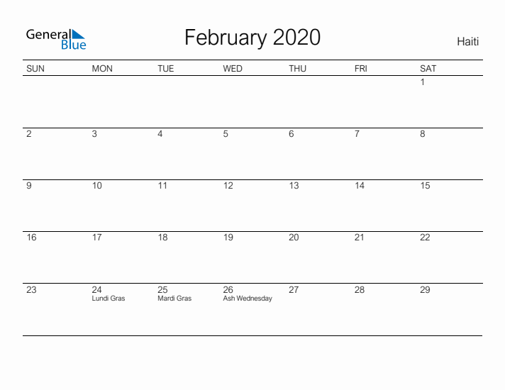 Printable February 2020 Calendar for Haiti