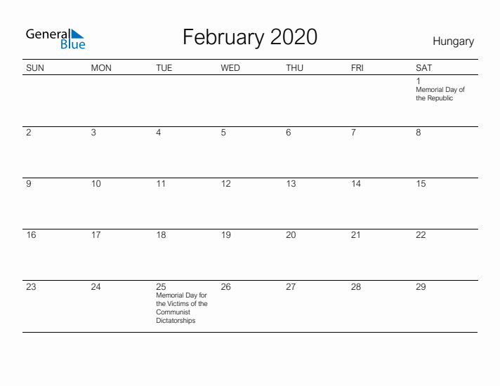 Printable February 2020 Calendar for Hungary