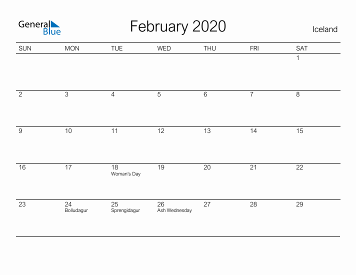 Printable February 2020 Calendar for Iceland