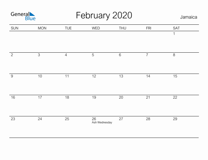 Printable February 2020 Calendar for Jamaica