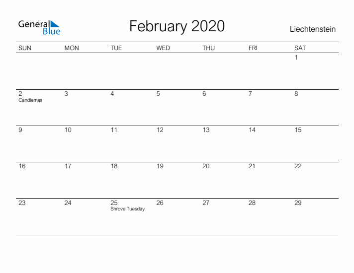 Printable February 2020 Calendar for Liechtenstein