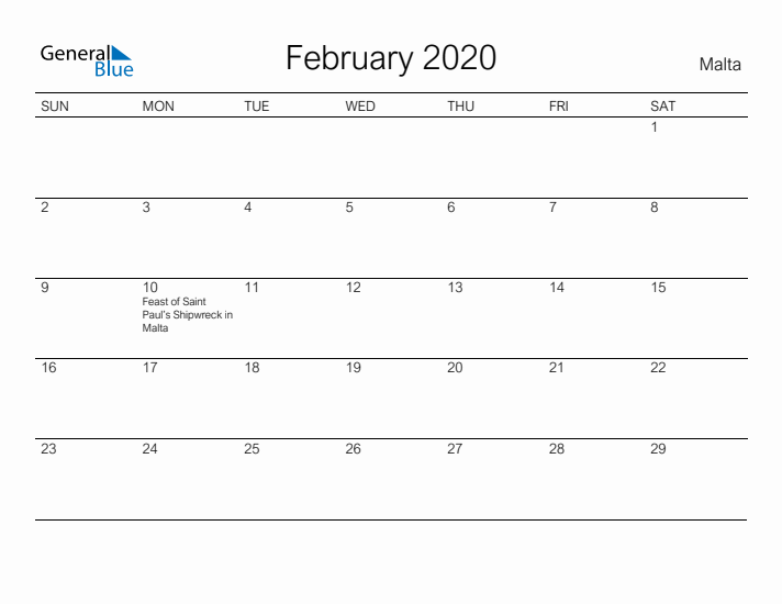 Printable February 2020 Calendar for Malta