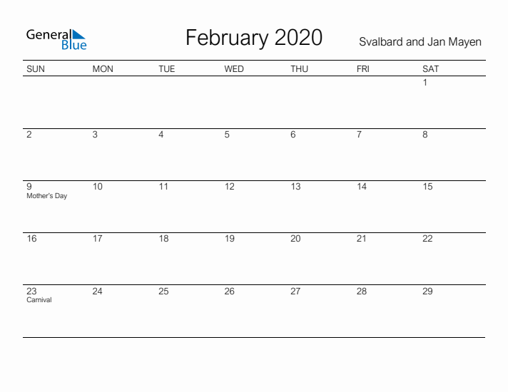 Printable February 2020 Calendar for Svalbard and Jan Mayen