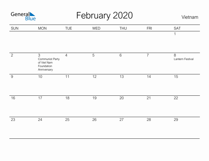 Printable February 2020 Calendar for Vietnam