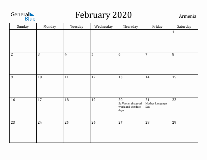 February 2020 Calendar Armenia