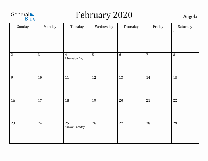 February 2020 Calendar Angola