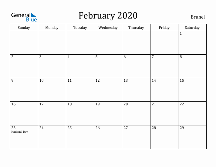 February 2020 Calendar Brunei