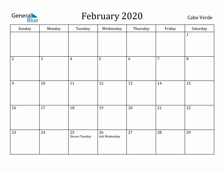 February 2020 Calendar Cabo Verde