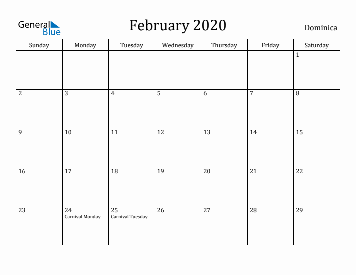 February 2020 Calendar Dominica