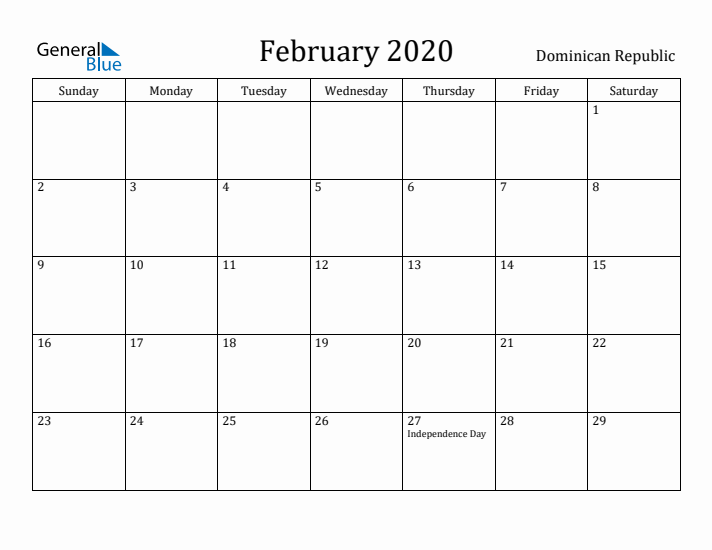 February 2020 Calendar Dominican Republic