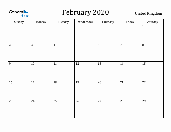 February 2020 Calendar United Kingdom