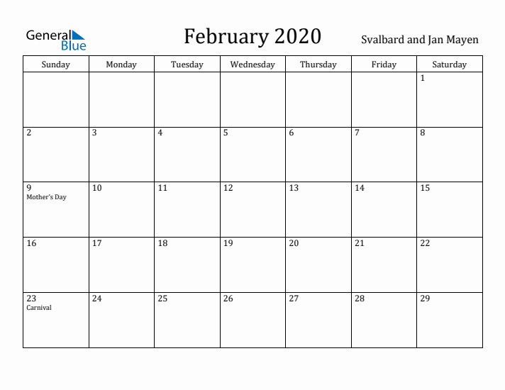 February 2020 Calendar Svalbard and Jan Mayen