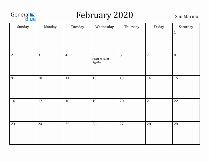 February 2020 Calendar San Marino