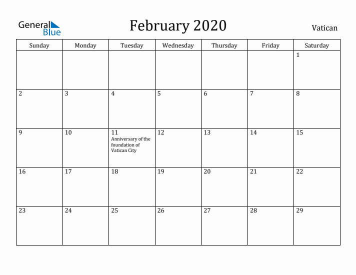 February 2020 Calendar Vatican