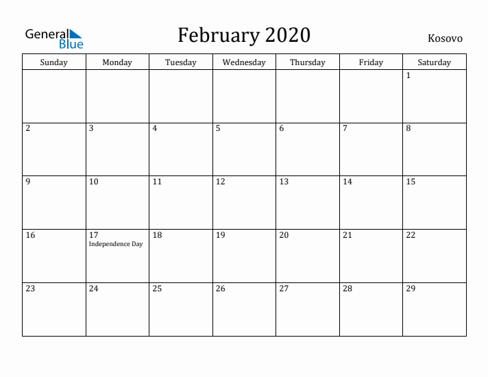 February 2020 Calendar Kosovo