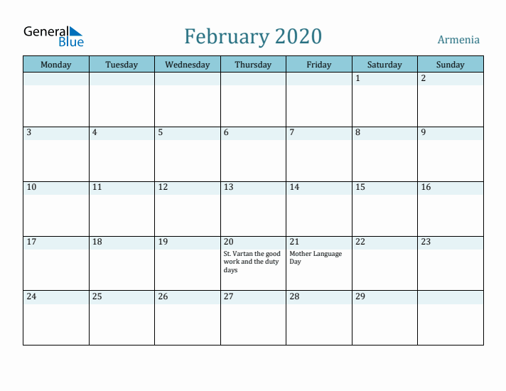 February 2020 Calendar with Holidays