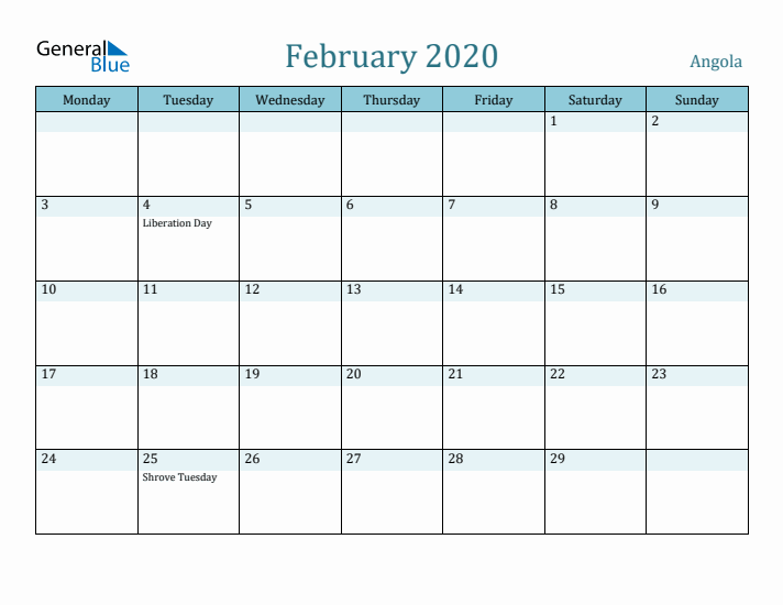 February 2020 Calendar with Holidays