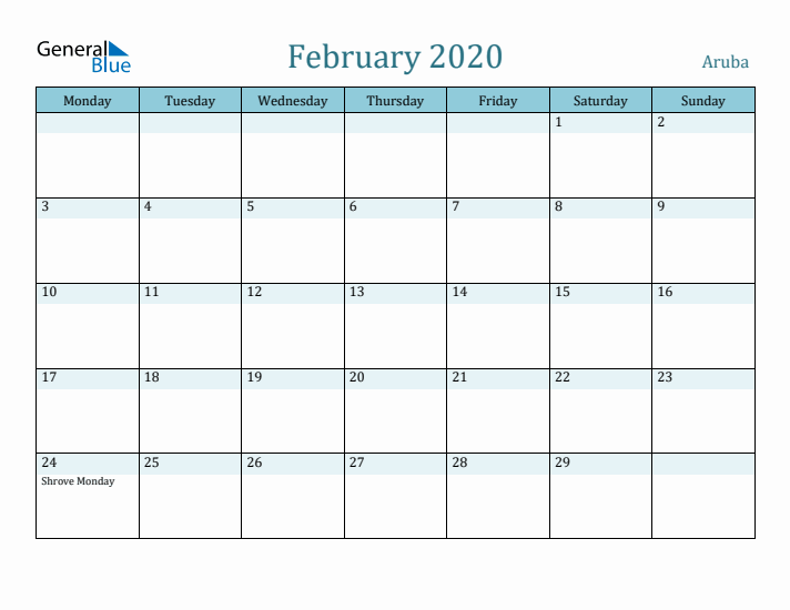 February 2020 Calendar with Holidays