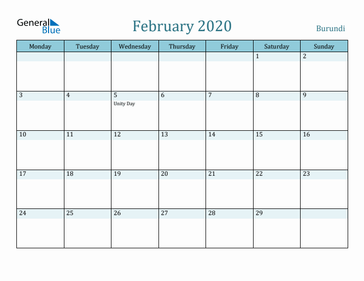 February 2020 Calendar with Holidays