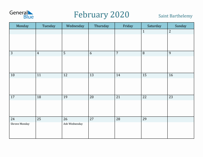 February 2020 Calendar with Holidays