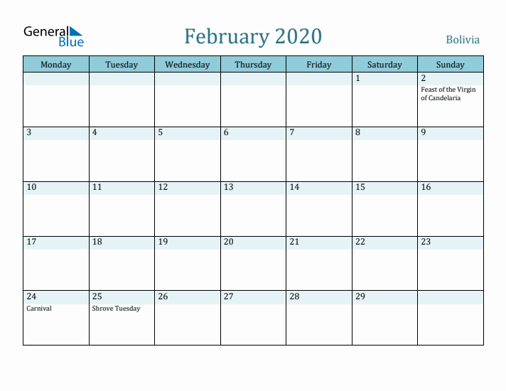 February 2020 Calendar with Holidays