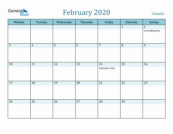 February 2020 Calendar with Holidays