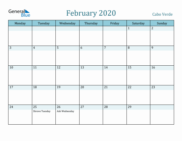 February 2020 Calendar with Holidays