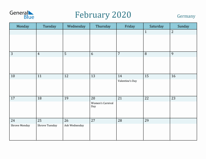 February 2020 Calendar with Holidays