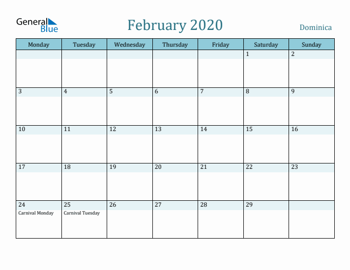 February 2020 Calendar with Holidays