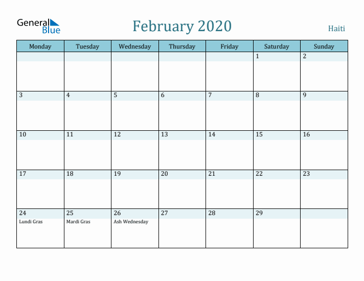 February 2020 Calendar with Holidays