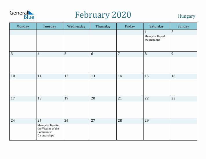 February 2020 Calendar with Holidays